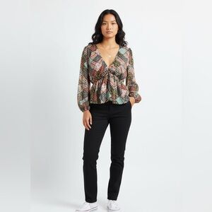 Bucket List Patchwork Boho Puff Sleeve Blouse Multicolor Elastic Waist M